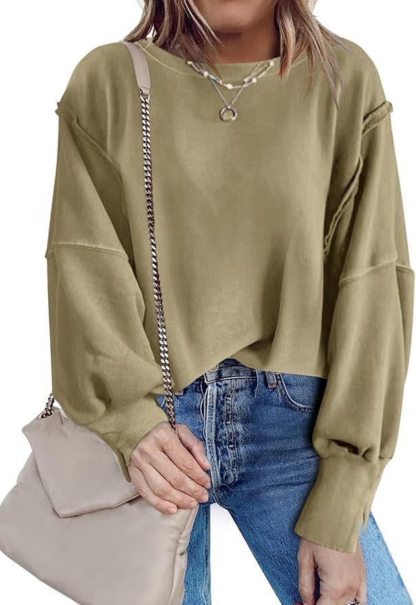 Nirovien Womens Oversized Crewneck Sweatshirt Side Slit Long Sleeve Pullover Slouchy Fit Tops