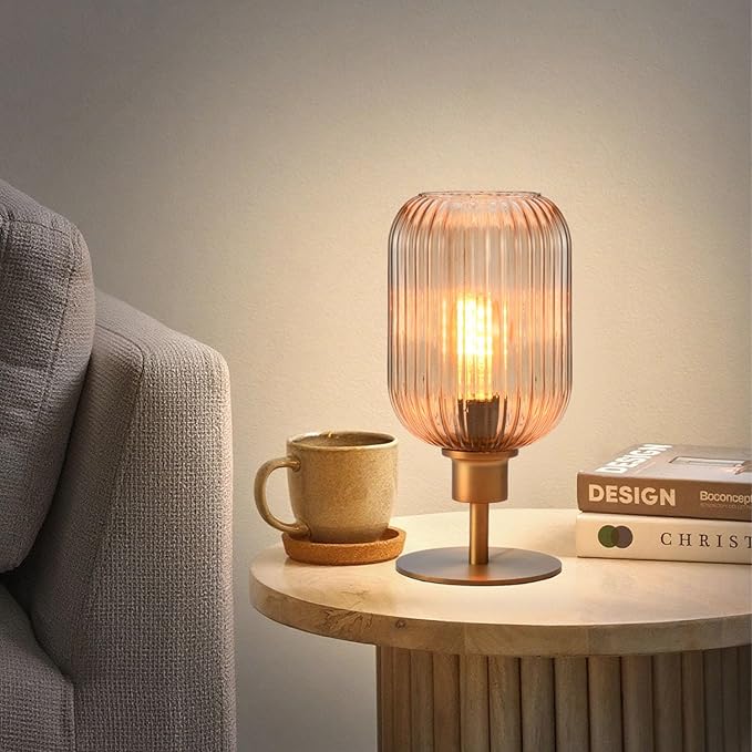Mid Century Glass Table Lamp,Dimmable Desk Lamp,LED Bulb Included,Timer Build-in,Cognac Amber Ribbed Glass