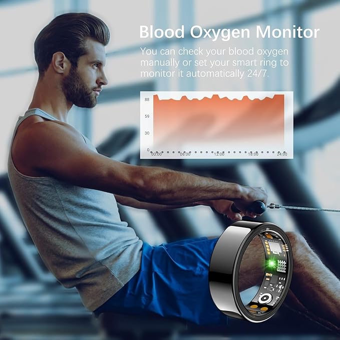 Ring Health Tracker for Women Men, Fit Ring with Heart Rate,Blood Oxygen, Stress, Sleep Monitor,Calories, Step Counter, IP68 Waterproof Smart Ring for iPhone & Android, No Subscription Fee (Black, 8#)