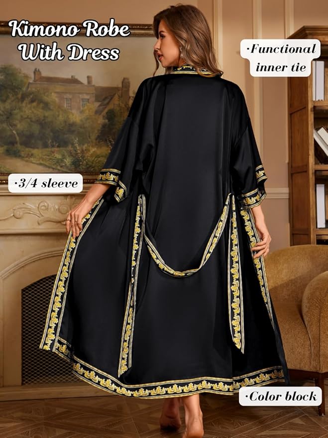 ChiaoLezhee Satin Robe Sets For Women, 2-PC Lightweight Bathrobe, Silk Sleepwear Kimono Bridesmaid Sexy Robes
