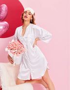 Ekouaer Satin Nightgowns for Women Silk Sleepwear Button Down Sleepshirt 3/4 Sleeve V-Neck Nightshirts with Pockets