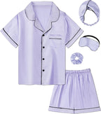 EPLAZA Kids Satin Pajamas Sets Girls Boys Button-Down Silky Pajamas Sleepwear with Hairband Eye Mask Hair Tie