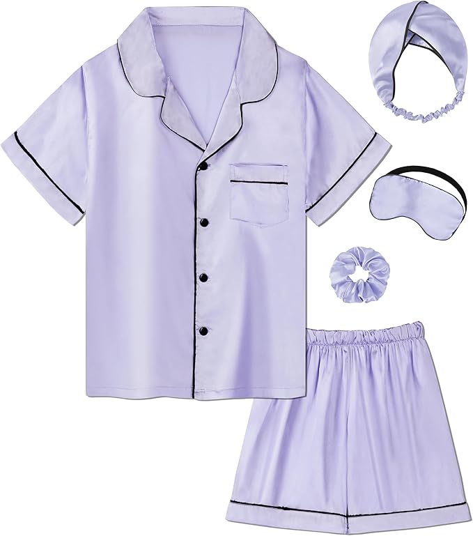 EPLAZA Kids Satin Pajamas Sets Girls Boys Button-Down Silky Pajamas Sleepwear with Hairband Eye Mask Hair Tie