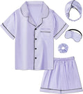 EPLAZA Kids Satin Pajamas Sets Girls Boys Button-Down Silky Pajamas Sleepwear with Hairband Eye Mask Hair Tie