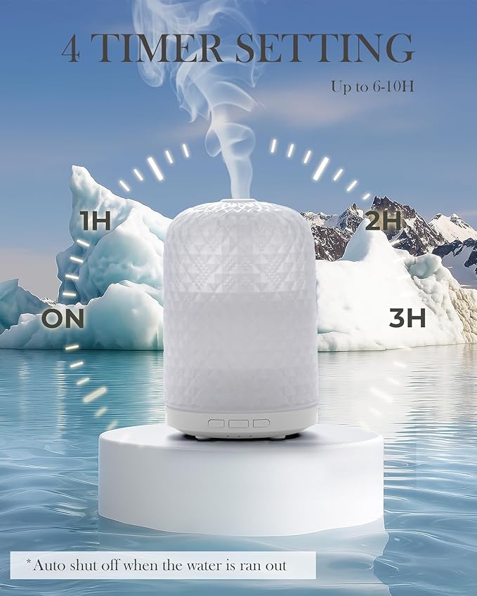 Onaboviva Essential Oil Diffuser - 2.4MHz Ultrasonic Glass Diffuser for Home, 120ml, Pulse&Continuous Mist, Bright/Dim/Breathing Lighting, Waterless Auto-Off, Aromatherapy Diffuser with USB Cable
