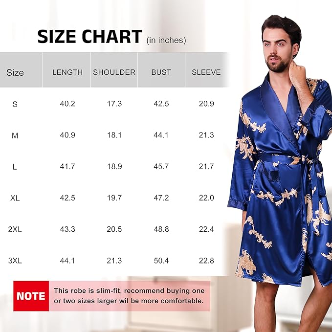 Haseil Men's Satin Robe Dragon Luxurious Silk Spa Long Sleeve House Kimono Bathrobe