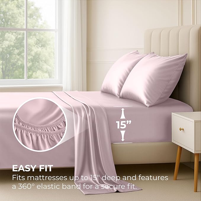 Pure Bedding Satin Sheets Twin [3-Piece, Champagne Pink] Hotel Luxury Silky Bed Sheets - Extra Soft 1800 Microfiber Sheet Set, Wrinkle, Fade, Deep Pocket Fitted Sheet, Flat Sheet, Pillow Cases