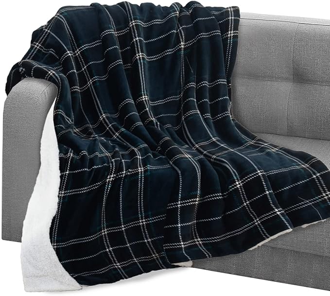 Elegant Comfort Throw Blanket, Reversible Sherpa Flannel, Ultra-Soft, Fuzzy, Cozy and Plush- All Season Lightweight Decorative Throw, 50 x 60 inches, Plaid Design Sherpa Throw, Navy