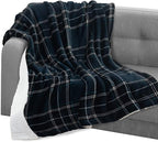Elegant Comfort Throw Blanket, Reversible Sherpa Flannel, Ultra-Soft, Fuzzy, Cozy and Plush- All Season Lightweight Decorative Throw, 50 x 60 inches, Plaid Design Sherpa Throw, Navy