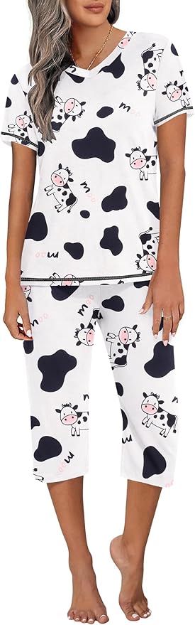 Ekouaer Women's Sleepwear Capri Pajama Sets Short Sleeve Two-Piece Pjs V Neck Tops & Capri Pants with Pockets S-3XL