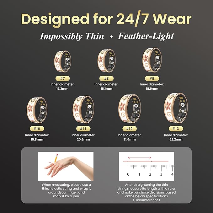 Enamel Craft Smart Ring for Women & Men - No Subscription Fee Fitness Tracker with Sleep Tracking, Heart Rate, SpO2 - IP68 Waterproof for iPhone Android - Activity Tracker, Remote Camera size 8