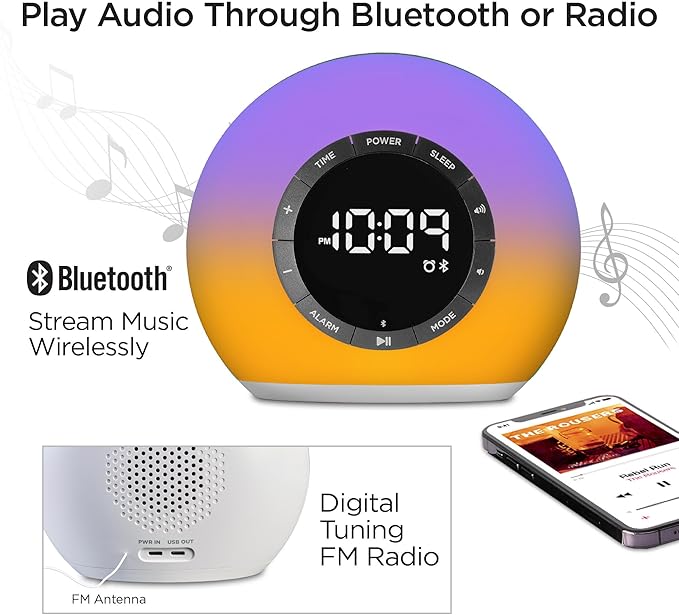 iHome Sunrise Alarm Clock Radio with Bluetooth Speaker, Color Changing Lamp, and USB Charging (iBT32)