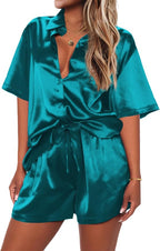 Ekouaer Pajamas for Women Silk Satin Pjs Soft Sleepwear Short Sleeve Button Down Pjs Top and Shorts 2 Piece Lounge Set S-XXL