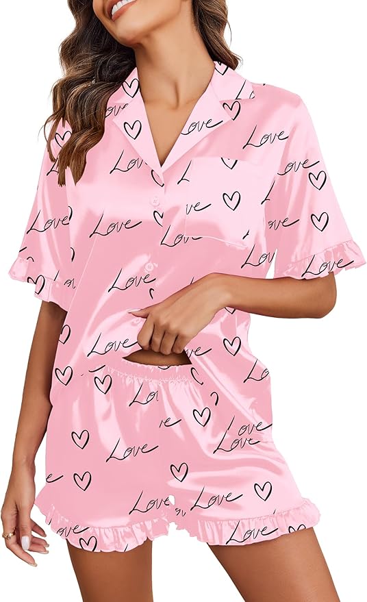 Ekouaer Satin Pajama Set for Women Button Down Silk 2 Piece Pj Sets Ruffle Short Sleeve Sleepwear