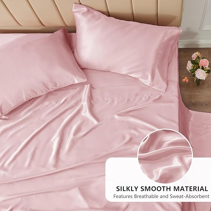 CozyLux Satin Sheets Queen Size Bed Set - 4 Piece Silky Queen Sheet Set, Luxury Dirty Pink Queen Sheets with Smooth and Soft Microfiber, Includes 1 Fitted Sheet, 1 Flat Sheet and 2 Pillowcases
