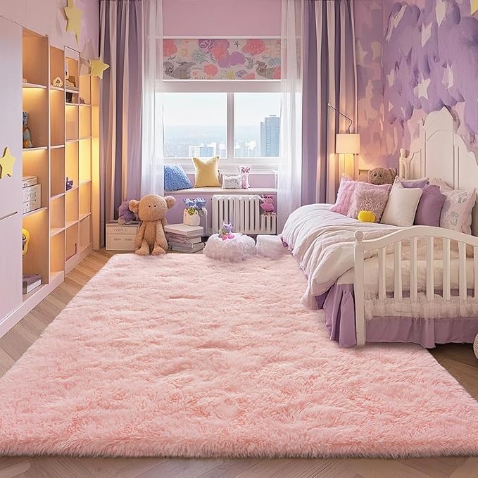Pink Fluffy Rugs for Bedoom Girls, 3x5 Small Soft Faux Fur Area Rug - Cozy Fuzzy Plush Non-Slip Shaggy Carpet for Living Room, Kids Girls Room Home Dorm Nursery