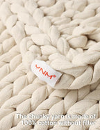 YnM Cotton Weighted Blanket, Handmade Chunky Knitted Design, Soft and Cozy, Temperature Regulating and Breathable, Machine Washable Throw for Sleep or Home Decor (Cream White, 50x60 Inch, 15lbs)