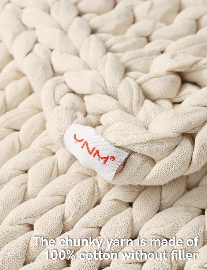 YnM Cotton Weighted Blanket, Handmade Chunky Knitted Design, Soft and Cozy, Temperature Regulating and Breathable, Machine Washable Throw for Sleep or Home Decor (Cream White, 80x84 Inch, 35lbs)