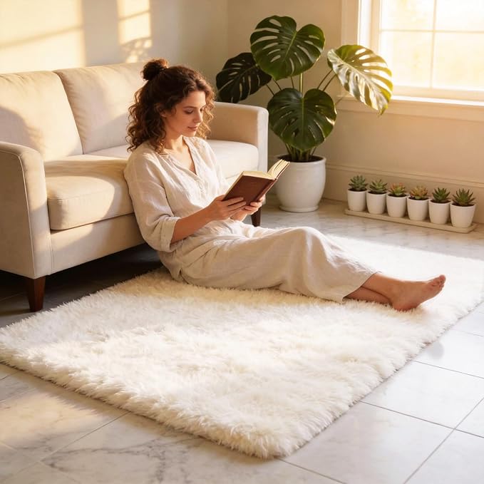 Shag Cream Rug Small 3x5 Area Rugs for Bedroom Bedside Dorm Living Room, Non-Slip Ultra Soft Fluffy Rugs for Kids Room, Girls Room, Study, Office, Playroom, Easy to Clean, Small Carpet Décor