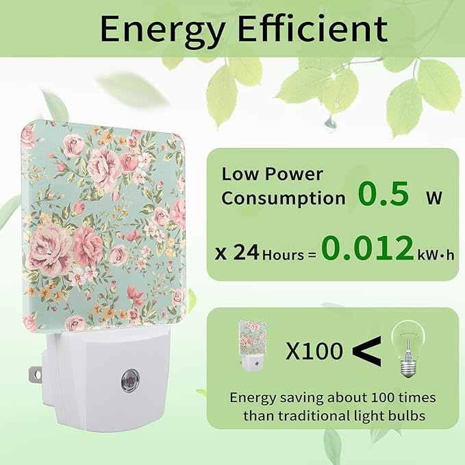 Shabby Chic Rose Night Light, Night Light Plug into Wall with Dusk to Dawn Sensor, LED Lamp Energy Saving Lights for Men Women Boys Girls,Lamp for Bedroom Bathroom Hallway
