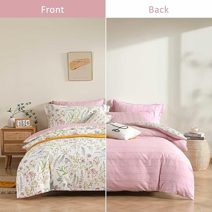 ALEISSEL White Floral Cotton Comforter King Size - 3PC Lightweight Bedding Sets with Soft Fill, Vibrant Garden Botanical Patterns, Petal Pink Reversible Design with Feminine Elegance