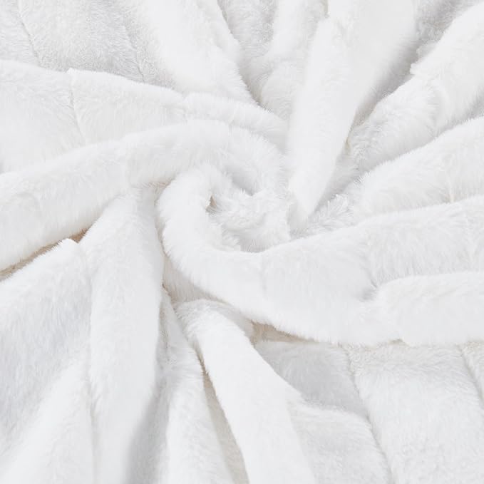 Striped Throw Blanket and Pillow Covers Set (No Inserts) for Couch and Bed, Plush Warm Lightweight Fuzzy Faux Fur Blanket for All Seasons (50" x 60", Pure White)