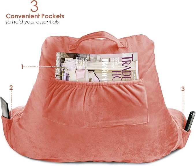 Clara Clark Reading Pillow with Shredded Memory Foam for Sitting Up in Bed and Couch, Back and Arms Adjustable Support for Adults & Teens Backrest Pillows for Reading, with Washable Cover Misty Rose