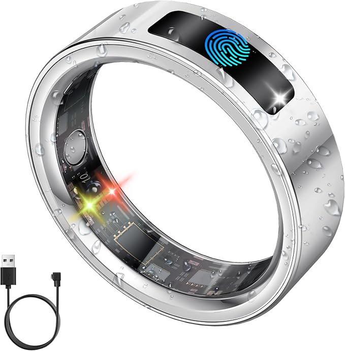 uaue Smart Ring for Women Men, Fitness Tracker Ring with Heart Rate/Women's Health/Sleep/Steps, Touch Control, Vibration Alert, IP68 Waterproof Health Ring for iPhone/Android, No Subscription,Silver 7