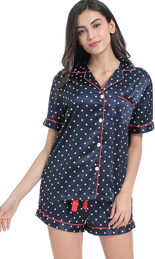 Serenedelicacy Women's Satin Pajama Set 2-Piece Sleepwear Loungewear Button Down Short Sleeve Silky PJ Set