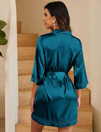 Ekouaer Women's Lace-Trim Silk Robes Bride Bridesmaid Kimono Satin Bathrobe V Neck Sleepwear with 3/4 Sleeve