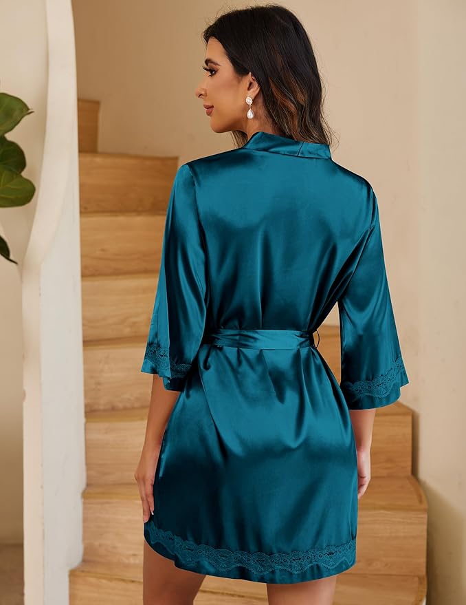 Ekouaer Women's Lace-Trim Silk Robes Bride Bridesmaid Kimono Satin Bathrobe V Neck Sleepwear with 3/4 Sleeve