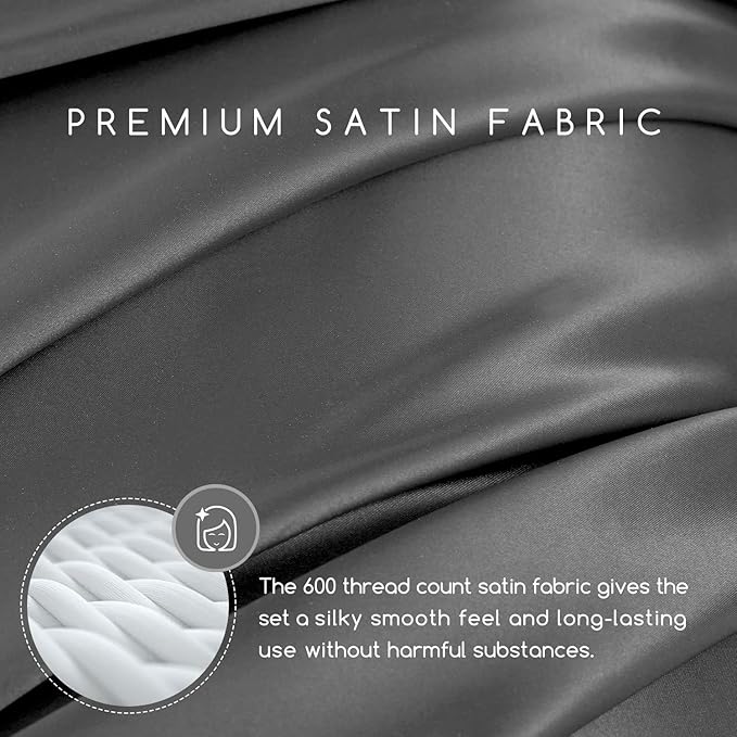 MR&HM Satin Bed Sheets, Queen Size Sheets Set, 6 Pcs Silky Bedding Set with 15 Inches Deep Pocket for Mattress (Queen, Dark Grey)