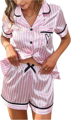 WDIRARA Women's Sleepwear Satin Short Sleeve Shirt and Shorts Pajama Set