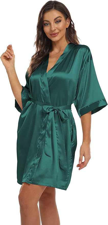 Women's Pure Short Kimono Robes Bride Bridesmaids Silky Bathrobe Lightweight Satin Sleepwear