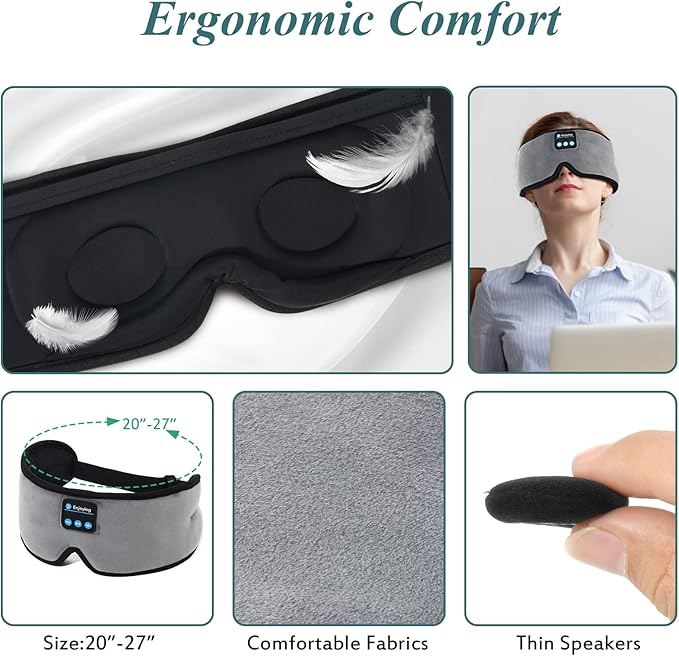 Sleep Headphones, Update Wireless 3D Eye Mask with Ultra-Thin HD Stereo Speakers for Side Sleepers, Air Travel, Meditation and Relaxation Grey