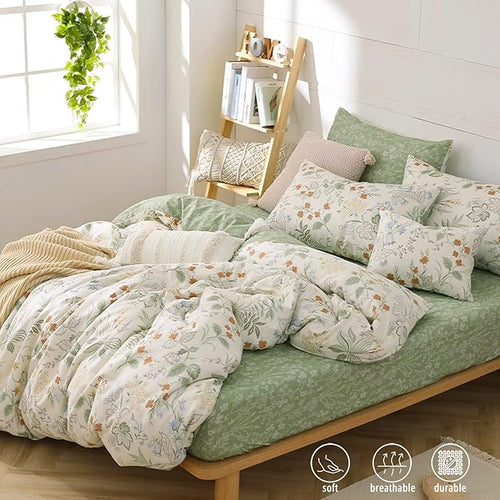 ALEISSEL Natural Cotton 3pcs Botanical Comforter Sets King Size-Green Comforter with Red & Blue Flowers,Gray Leaves on Off-White, Reversible Lightweight Bedding Sets(King 104"×90")