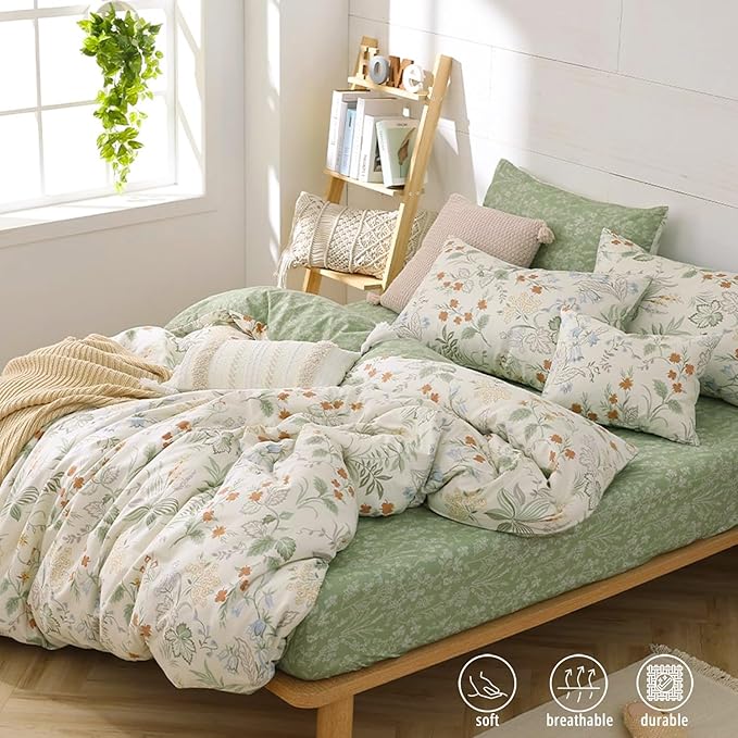 ALEISSEL Natural Cotton 3pcs Botanical Comforter Sets Queen Size-Green Comforter with Red & Blue Flowers,Gray Leaves on Off-White, Reversible Lightweight Bedding Sets(Full/Queen)