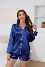 Ekouaer Satin Pajama Set for Women Button Down Pj Set Long Sleeve Top and Shorts 2 Piece Loungewear Summer Soft Sleepwear