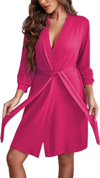 Ekouaer Women‘s Robes Lightweight 3/4 Sleeve Short Knit Bathrobe Soft Knee Length Sleepwear Robes with Pockets S-XXL