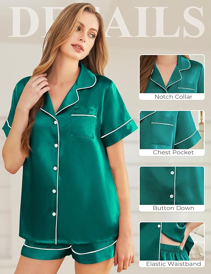 Silk Pajamas for Women Short Sleeve Sleepwear Soft Button Down Loungewear 2 Piece Satin Pjs Shorts Set S-XXL