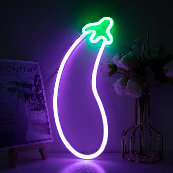 ENUOLI Eggplant Neon Signs,LED Purple Eggplant Neon Light Decorative Art LED Lights for Wall Decor,USB/Battery Powered Night Lamps Light Up Signs for Bedroom,Party, Living Room,Home Decor