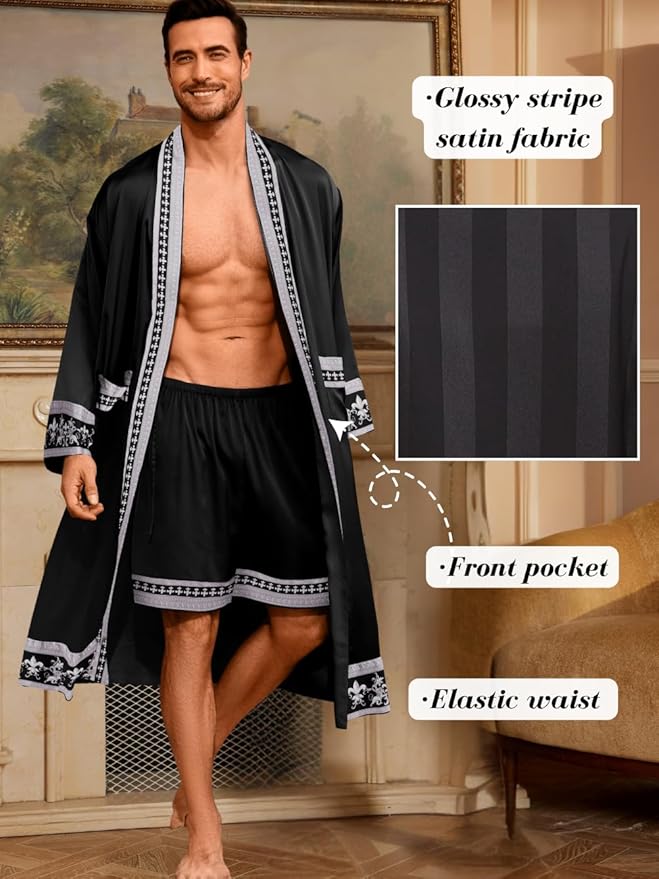 ChiaoLezhee Men's Luxury Silky Robe & Shorts Set, 2PC Lightweight Satin Pajamas with Pockets, Opulent Baroque Kimono Gifts