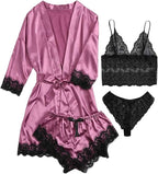 Womens Silk Pajamas Robes Set 4PACKS Sexy Pjs Cami Shorts Satin Sleepwear Lace Loungewear
