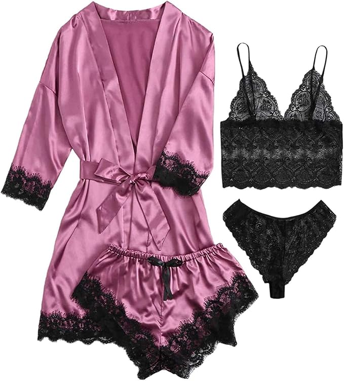 Womens Silk Pajamas Robes Set 4PACKS Sexy Pjs Cami Shorts Satin Sleepwear Lace Loungewear