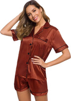 SWOMOG Womens Silk Satin Pajamas Set Short Sleeve Sleepwear Button Down Top and Shorts Loungewear 2 Piece Pjs Set XS-3XL