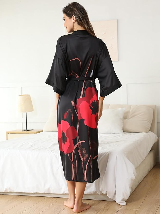 Kihnop Women's Floral Long Kimono Robe Long Satin Robe Long Silk Robe Ladies Kimonos Silky Bathrobe Cover Up, One Size