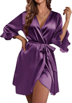Ekouaer Women's Satin Robe Valentines Lingerie for Women Kimono Bathrobe Short Ruffle Belted Robes Bridesmaids Sleepwear