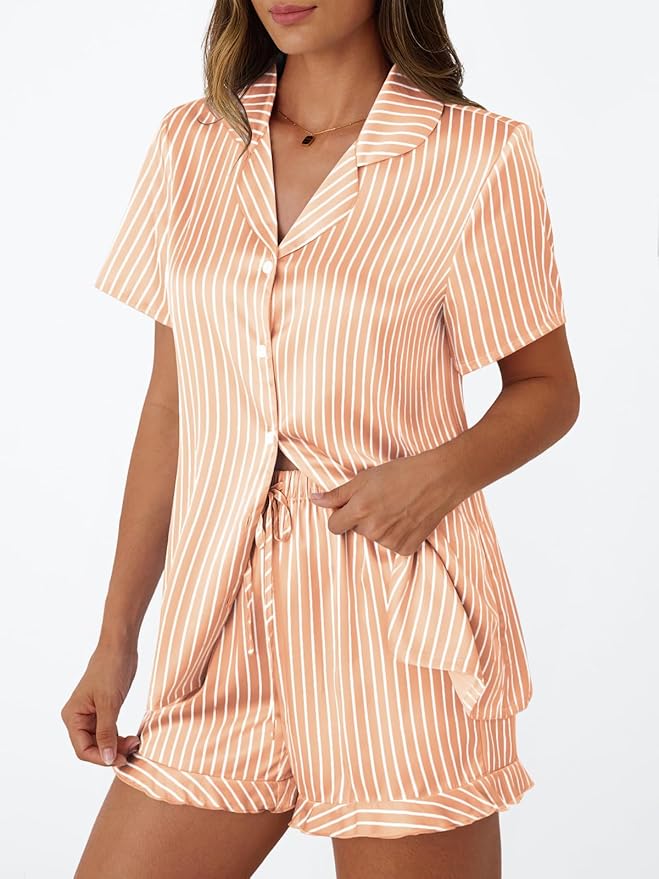 LILLUSORY Womens Satin Silk Pajamas Set 2 Piece Ruffle Pjs Winter Matching Lounge Sleepwear Button Down Striped Shirt Shorts