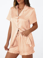 LILLUSORY Womens Satin Silk Pajamas Set 2 Piece Ruffle Pjs Winter Matching Lounge Sleepwear Button Down Striped Shirt Shorts