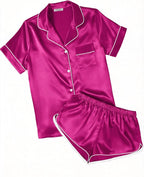 Ekouaer Womens Silk Satin Pajamas Short Sleeve PJS Shorts Set Soft Button Down Sleepwear 2 Piece Loungewear S-5XL